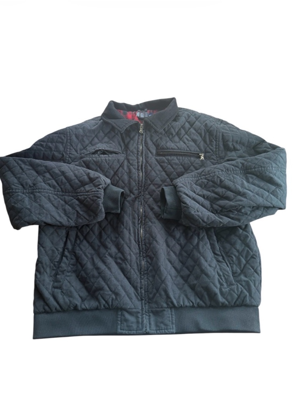 Vintage Quilted Bomber Jacket Black Cotton Full Zip Plaid Lined Men’s Size Large
